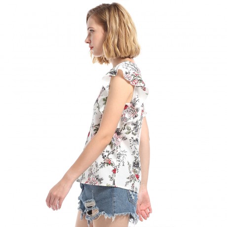 Women's Short Sleeve Chiffon Loose Flowers Printed Slim Shirt Tops(S-XL)
