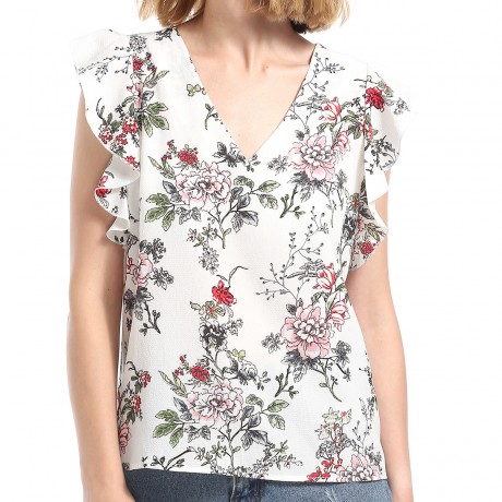 Women's Short Sleeve Chiffon Loose Flowers Printed Slim Shirt Tops(S-XL)