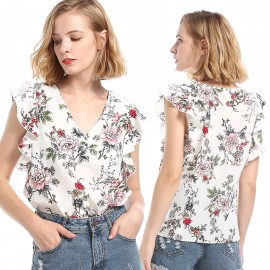 Women's Short Sleeve Chiffon Loose Flowers Printed Slim Shirt Tops(S-XL) 