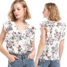 Women's Short Sleeve Chiffon Loose Flowers Printed Slim Shirt Tops(S-XL)