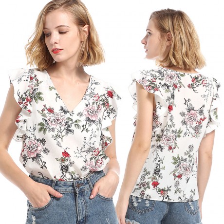 Women's Short Sleeve Chiffon Loose Flowers Printed Slim Shirt Tops(S-XL)