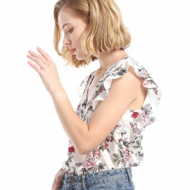 Women's Short Sleeve Chiffon Loose Flowers Printed Slim Shirt Tops(S-XL) 