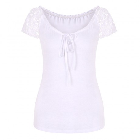 Women's Sexy Round Neckline Lace up Short Sleeve Basic Tee Tops(S-XL)
