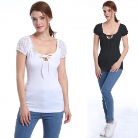 Women's Sexy Round Neckline Lace up Short Sleeve Basic Tee Tops(S-XL)