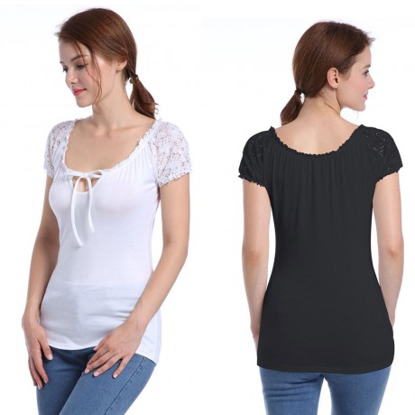 Women's Sexy Round Neckline Lace up Short Sleeve Basic Tee Tops(S-XL)