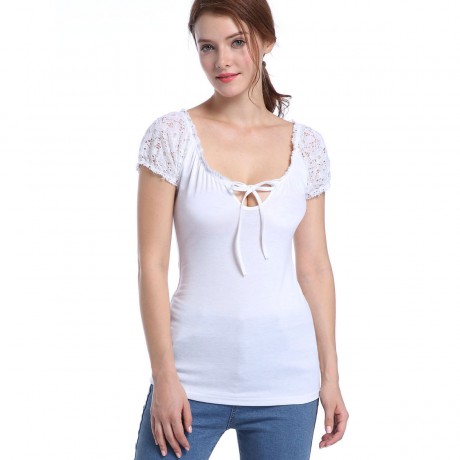 Women's Sexy Round Neckline Lace up Short Sleeve Basic Tee Tops(S-XL)