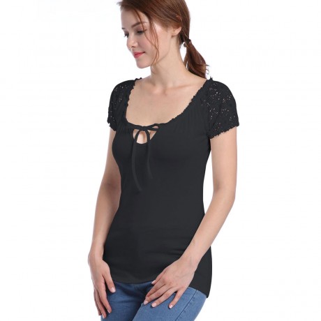 Women's Sexy Round Neckline Lace up Short Sleeve Basic Tee Tops(S-XL)