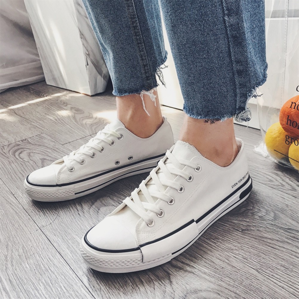 White/Black Casual Canvas Sneakers Shoes Low Top Lace up for Men