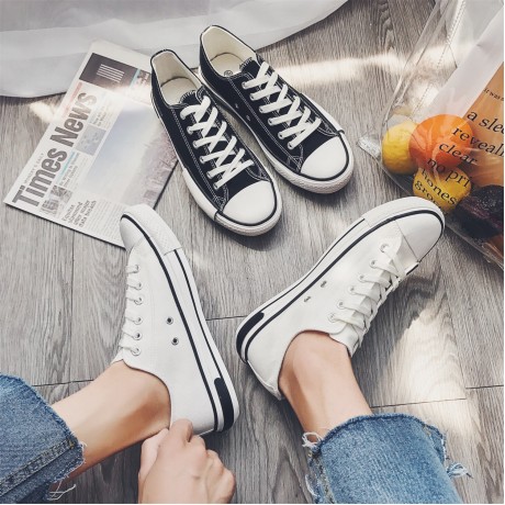 White/Black Casual Canvas Sneakers Shoes Low Top Lace up for Men
