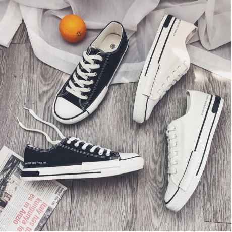 White/Black Casual Canvas Sneakers Shoes Low Top Lace up for Men
