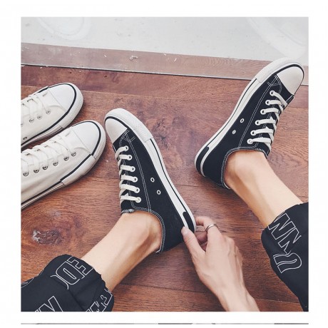 White/Black Casual Canvas Sneakers Shoes Low Top Lace up for Men