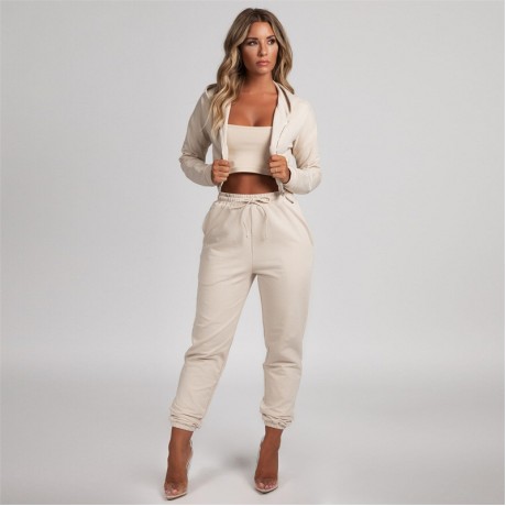   Women Tracksuit Solid Color Hooded Jacket Sweatshirt with Long Pants Sets Sports Suit