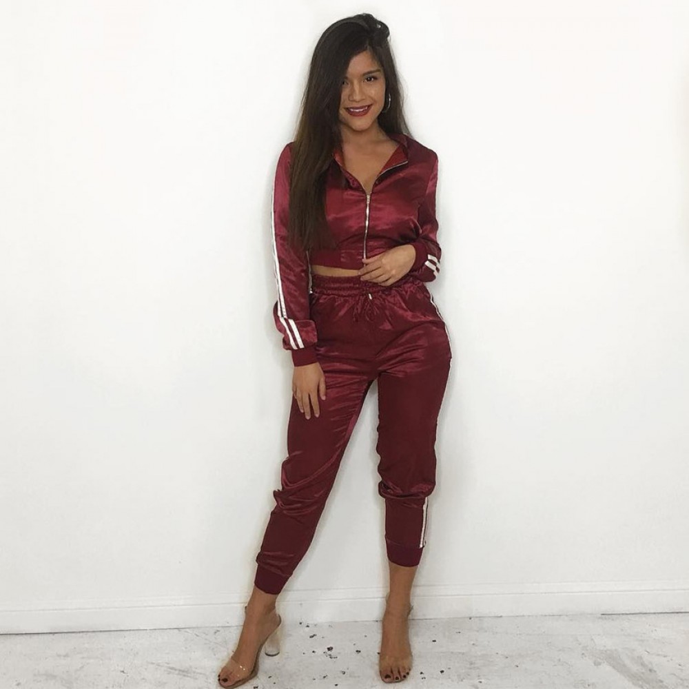 Women Tracksuit Striped Stand Collar Jacket Sweater Sports Suits with Long Pants Sets