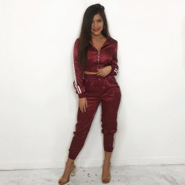 Women Tracksuit Striped Stand Collar Jacket Sweater Sports Suits with Long Pants Sets