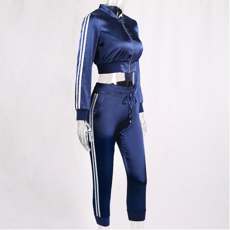 Women Tracksuit Striped Stand Collar Jacket Sweater Sports Suits with Long Pants Sets