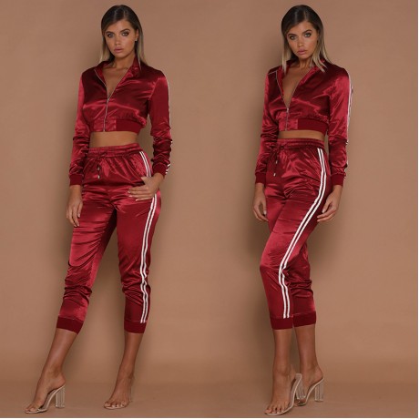 Women Tracksuit Striped Stand Collar Jacket Sweater Sports Suits with Long Pants Sets