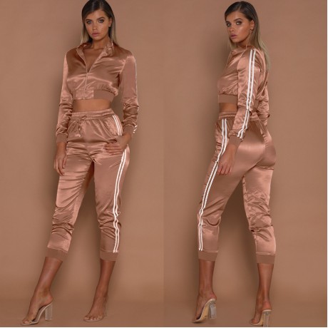 Women Tracksuit Striped Stand Collar Jacket Sweater Sports Suits with Long Pants Sets
