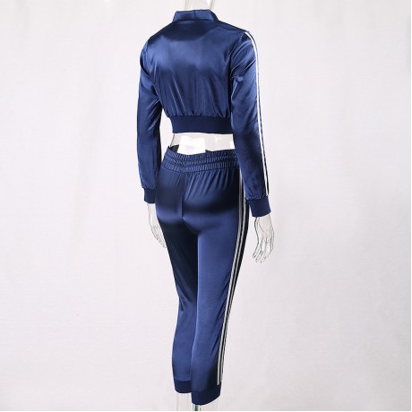 Women Tracksuit Striped Stand Collar Jacket Sweater Sports Suits with Long Pants Sets