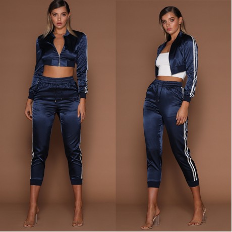 Women Tracksuit Striped Stand Collar Jacket Sweater Sports Suits with Long Pants Sets