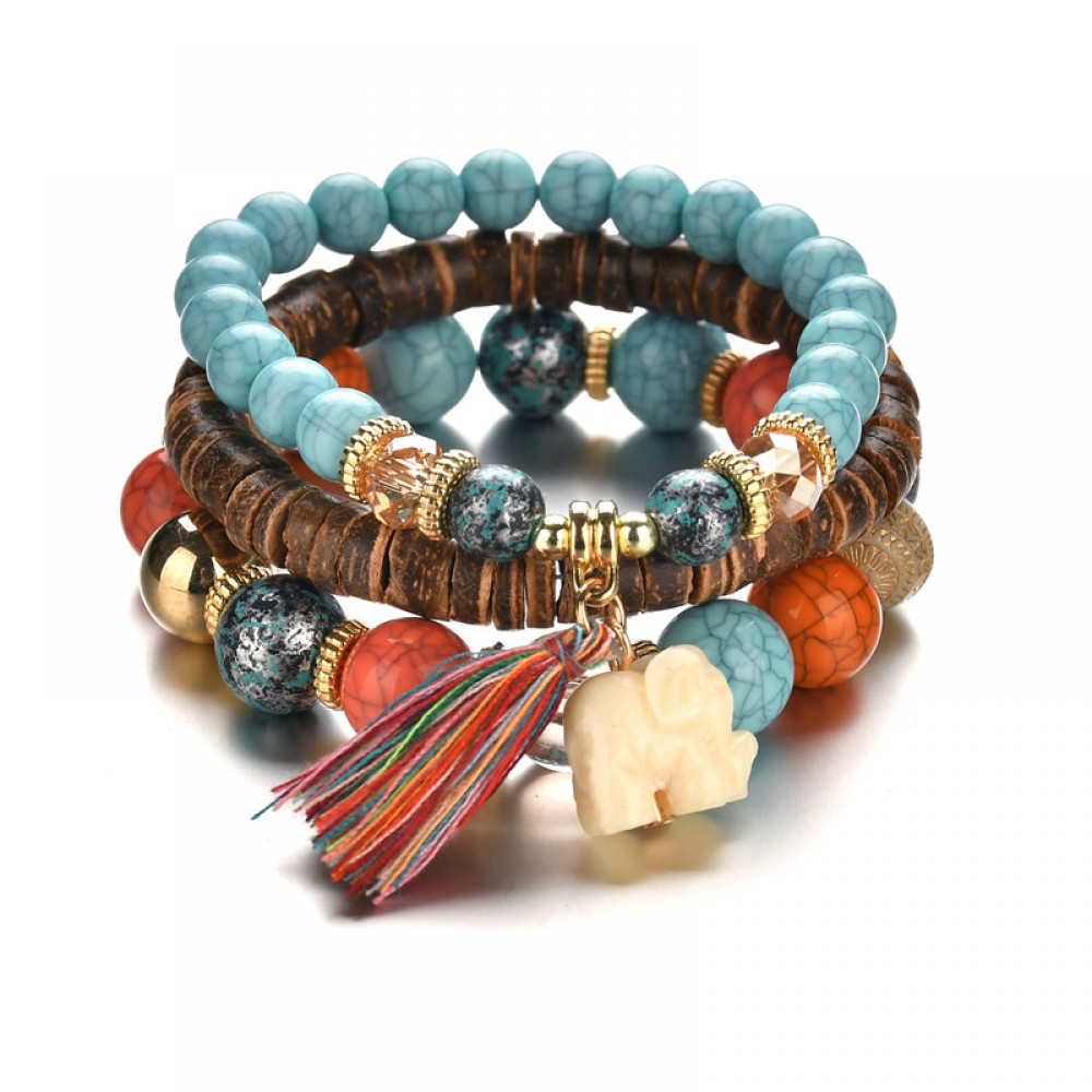 Bohemia Stretch Bracelets Elephant Pendant Chain Fringed Wooden Multi-Layer Bracelets Jewelry for Women Girls and men