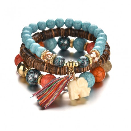 Bohemia Stretch Bracelets Elephant Pendant Chain Fringed Wooden Multi-Layer Bracelets Jewelry for Women Girls and men