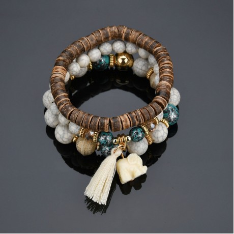 Bohemia Stretch Bracelets Elephant Pendant Chain Fringed Wooden Multi-Layer Bracelets Jewelry for Women Girls and men