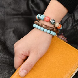 Bohemia Stretch Bracelets Elephant Pendant Chain Fringed Wooden Multi-Layer Bracelets Jewelry for Women Girls and men 