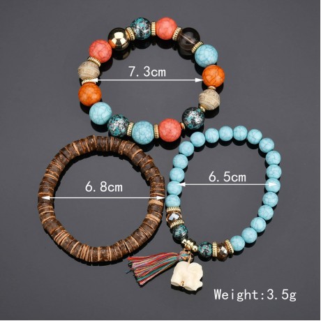 Bohemia Stretch Bracelets Elephant Pendant Chain Fringed Wooden Multi-Layer Bracelets Jewelry for Women Girls and men