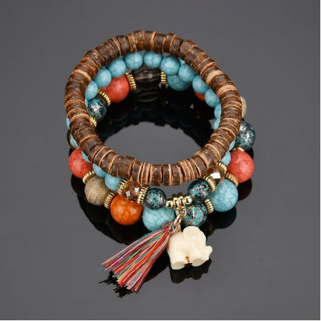 Bohemia Stretch Bracelets Elephant Pendant Chain Fringed Wooden Multi-Layer Bracelets Jewelry for Women Girls and men