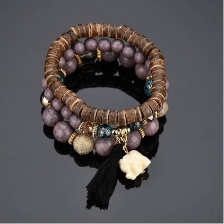 Bohemia Stretch Bracelets Elephant Pendant Chain Fringed Wooden Multi-Layer Bracelets Jewelry for Women Girls and men