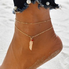 Jewelry Adjustable Double Layer Bracelet Anklet Vintage Feather Leaf Anklet Bracelet for Women 