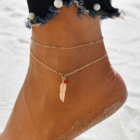 Jewelry Adjustable Double Layer Bracelet Anklet Vintage Feather Leaf Anklet Bracelet for Women