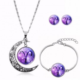 Gems Necklace Half Moon Pendant Necklace Three Pieces Jewelry Set Pendant Necklace Earrings Bracelet   