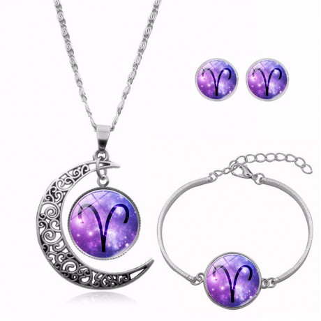 Gems Necklace Half Moon Pendant Necklace Three Pieces Jewelry Set Pendant Necklace Earrings Bracelet  