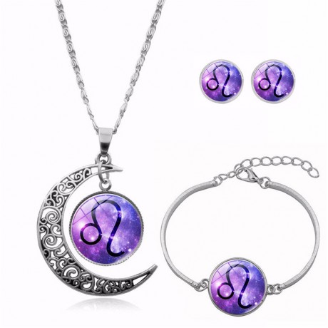Gems Necklace Half Moon Pendant Necklace Three Pieces Jewelry Set Pendant Necklace Earrings Bracelet  