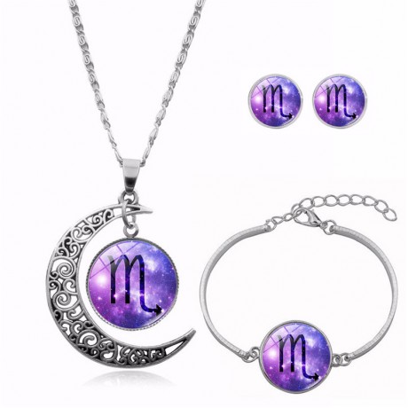 Gems Necklace Half Moon Pendant Necklace Three Pieces Jewelry Set Pendant Necklace Earrings Bracelet  