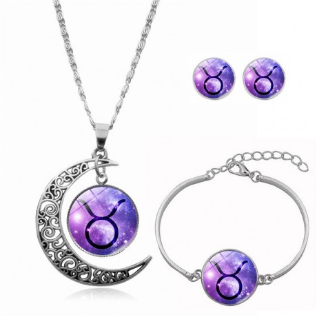 Gems Necklace Half Moon Pendant Necklace Three Pieces Jewelry Set Pendant Necklace Earrings Bracelet  