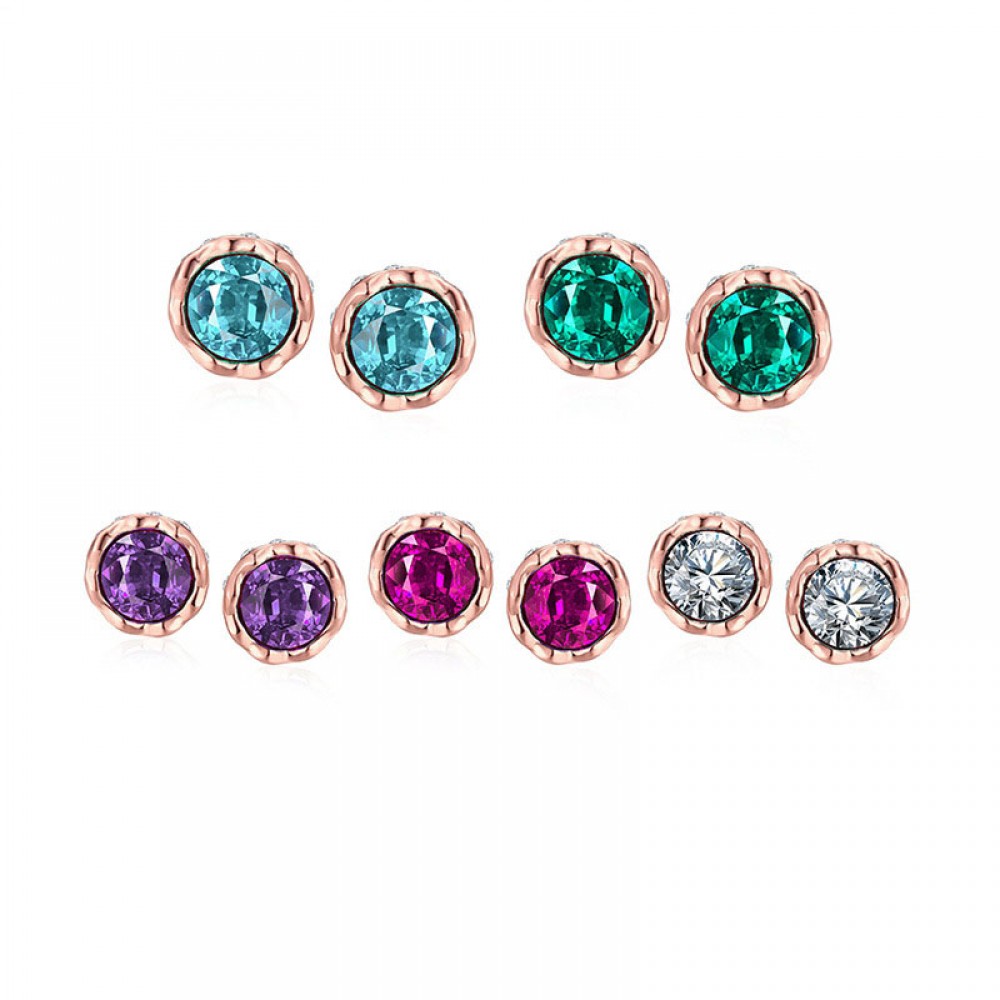 Rose Gold-Plated Colorful Cluster Round Cut Stud Earrings 