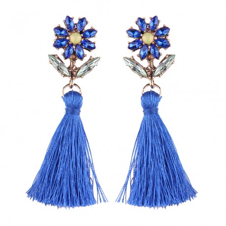 Long Blue Tassel Earrings Flower Dangle Drop Tassel Stud Earrings Women Gifts