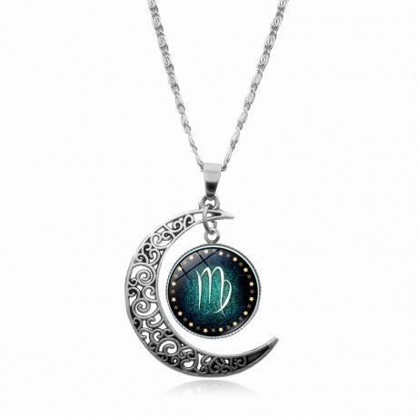 Cosmic Moon Pendant Necklace,12 Constellation Time Gemstone Necklace Silver Half Moon Pendant