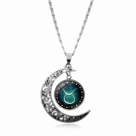 Cosmic Moon Pendant Necklace,12 Constellation Time Gemstone Necklace Silver Half Moon Pendant