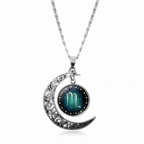 Cosmic Moon Pendant Necklace,12 Constellation Time Gemstone Necklace Silver Half Moon Pendant