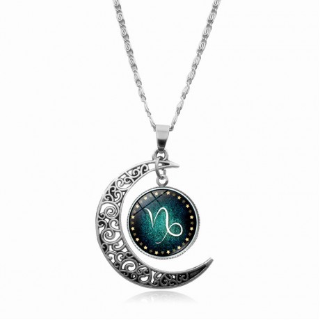 Cosmic Moon Pendant Necklace,12 Constellation Time Gemstone Necklace Silver Half Moon Pendant