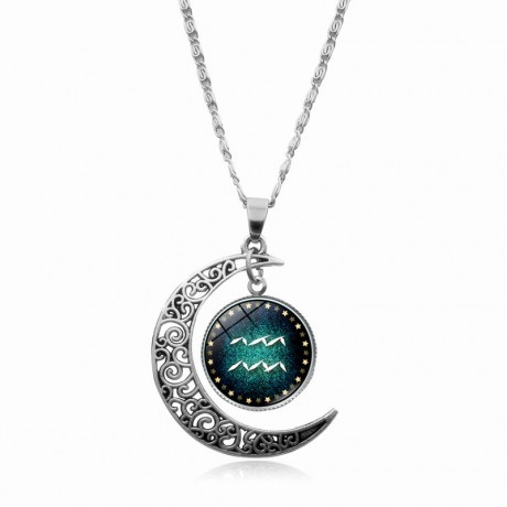 Cosmic Moon Pendant Necklace,12 Constellation Time Gemstone Necklace Silver Half Moon Pendant
