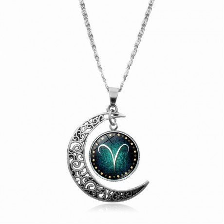 Cosmic Moon Pendant Necklace,12 Constellation Time Gemstone Necklace Silver Half Moon Pendant