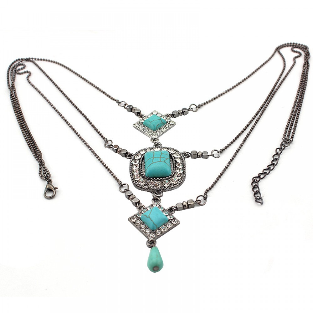 Retro 3 Layers Diamond Pendant Crystal National Turquoise Sweater Necklace For Women
