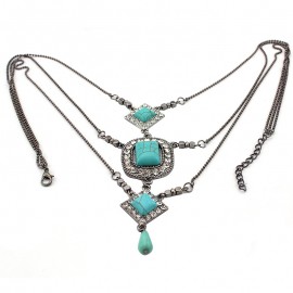 Retro 3 Layers Diamond Pendant Crystal National Turquoise Sweater Necklace For Women 