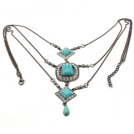 Retro 3 Layers Diamond Pendant Crystal National Turquoise Sweater Necklace For Women