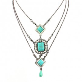 Retro 3 Layers Diamond Pendant Crystal National Turquoise Sweater Necklace For Women 