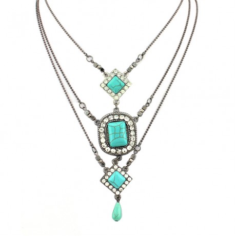 Retro 3 Layers Diamond Pendant Crystal National Turquoise Sweater Necklace For Women